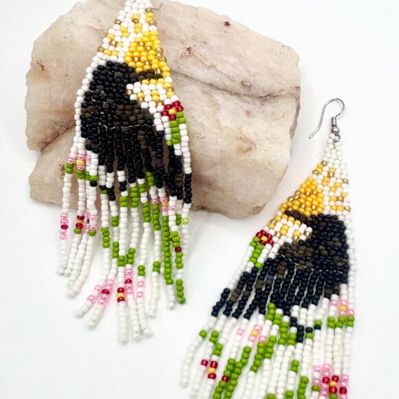 Black Raven Spring Flowering Tree Branch Hand Beaded Tassel Dangle Earrings New - Picture 1 of 4